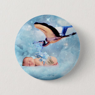 Badge Rond 5 Cm Bébé et cigogne d'imaginaire