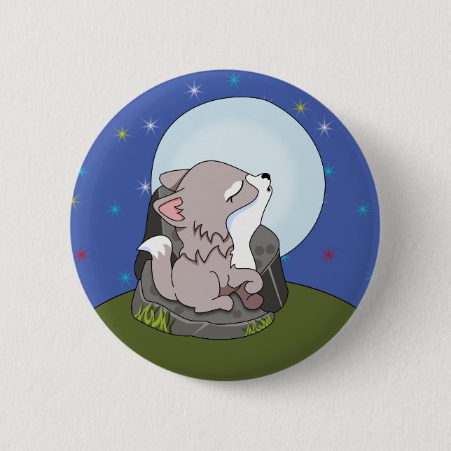 Badge Rond 5 Cm Bébé loup hurlant à la lune (Devant)