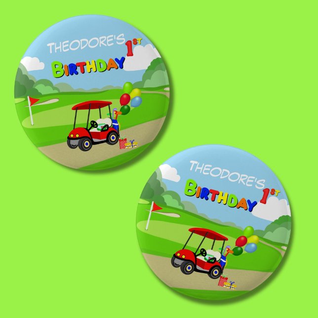 Badge Rond 5 Cm Belle 1er anniversaire Red Golf Cart Boy's (Créateur téléchargé)