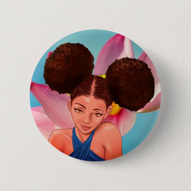 BADGE ROND 5 CM BELLE FILLE NOIRE AFRO PUFF NATURELLE (Devant)