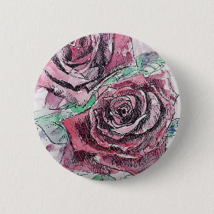 Badge Rond 5 Cm Belle peinture à l'aquarelle rouge Rose