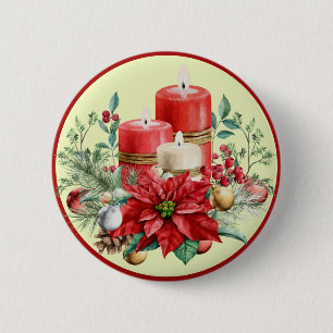 Badge Rond 5 Cm Belles bougies rouges et blanches & Poinsettias