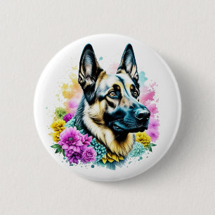 Badge Rond 5 Cm Berger allemand et fleurs art ia