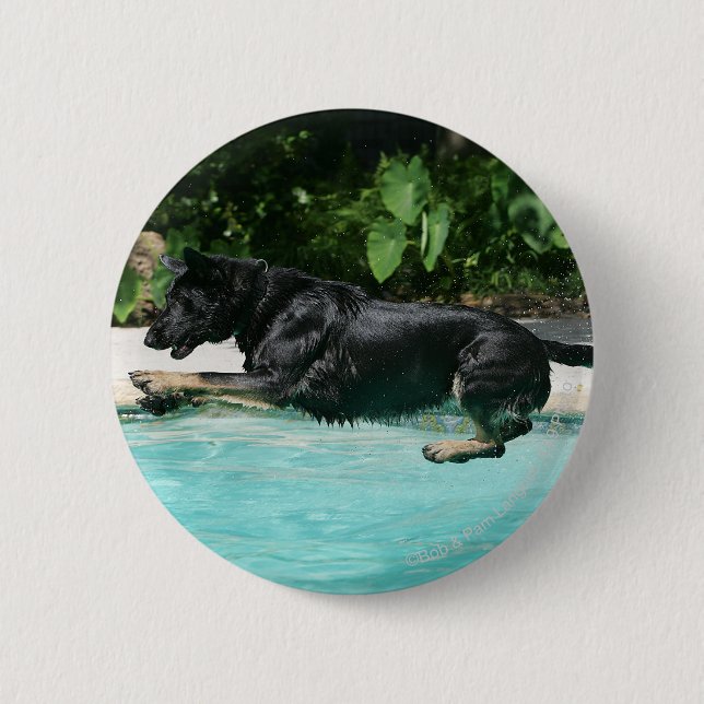 Badge Rond 5 Cm Berger allemand sautant dans l'eau (Devant)