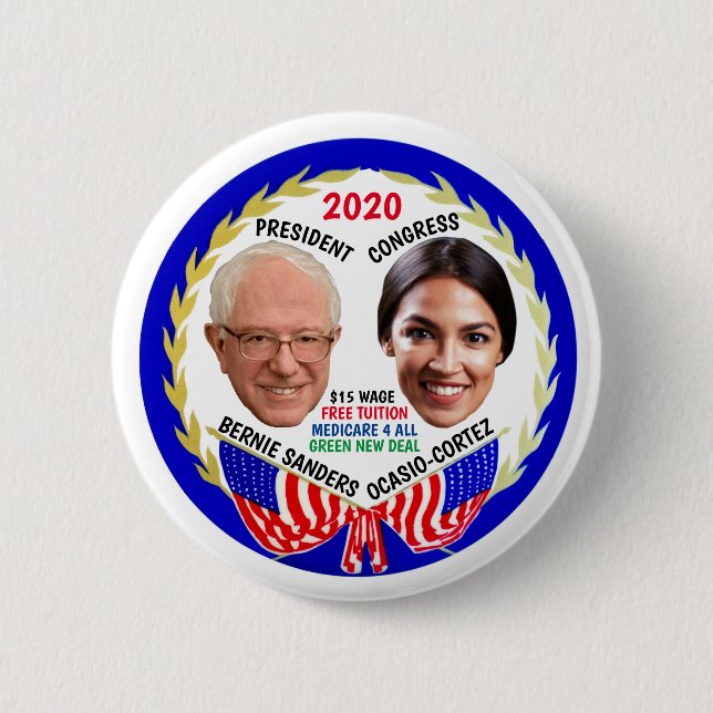 Badge Rond 5 Cm Bernie Sanders / AOC 2020 (Devant)