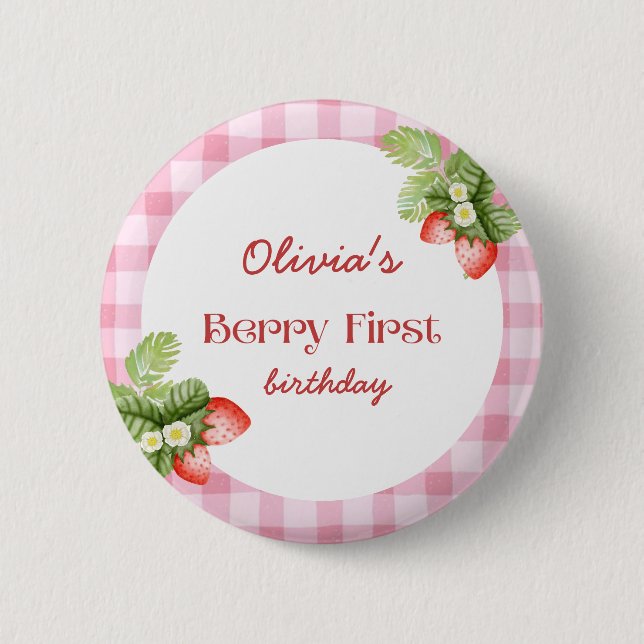 Badge Rond 5 Cm Berry fraise rouge Premier Merci d'anniversaire (Devant)