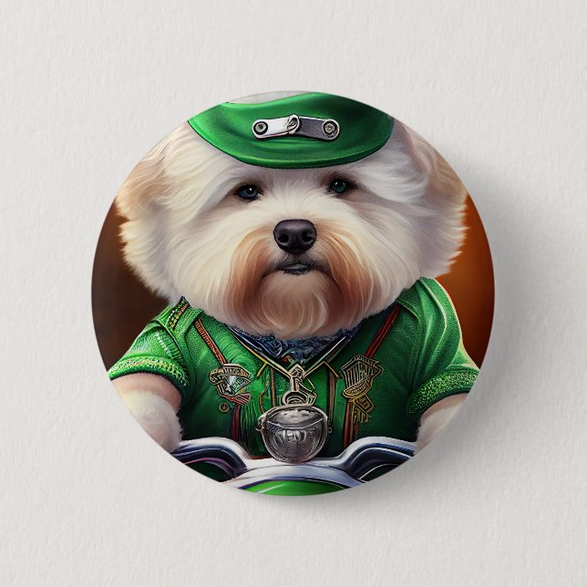 Badge Rond 5 Cm Bichon Frisé Chien Conduite Vélo St. Patrick (Devant)