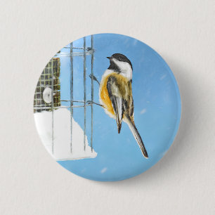 Badge Rond 5 Cm Bickadee sur la peinture d'alimentation - Oiseaux 