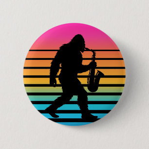 Badge Rond 5 Cm Bigfoot Saxophone Coucher de Soleil Rétro