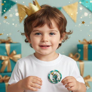Badge Rond 5 Cm Birthday Boy Personnalisé Turquoise et Gold Dragon