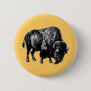 Badge Rond 5 Cm Bison américain de Buffalo Vintage Bois Gravure