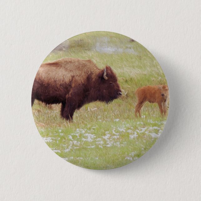Badge Rond 5 Cm Bison et veau à Yellowstone (Devant)
