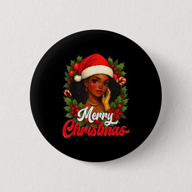 Badge Rond 5 Cm Black Girl Santa Hat Merry Christmas Pajama Africa (Devant)