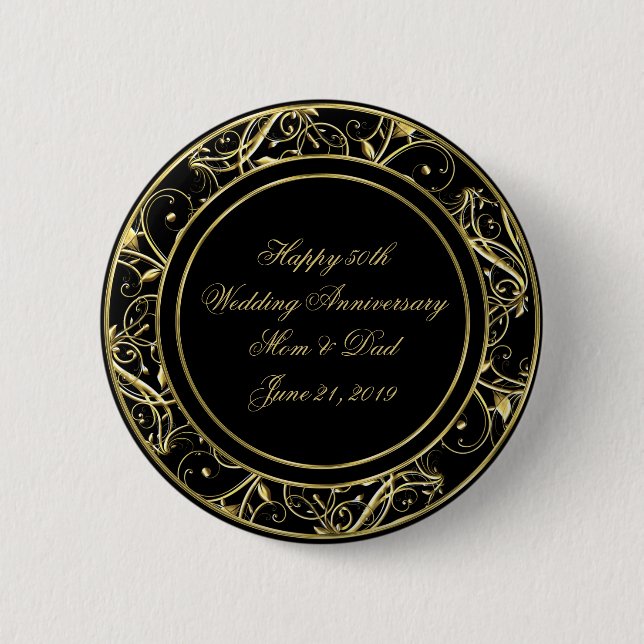 Badge Rond 5 Cm Black Gold Flourish 50e anniversaire Mariage (Devant)