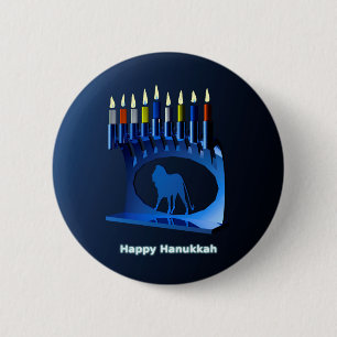 Badge Rond 5 Cm Bleu brillant Chanukkah Menorah