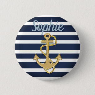 Badge Rond 5 Cm Bleu et Ancre or Nautique