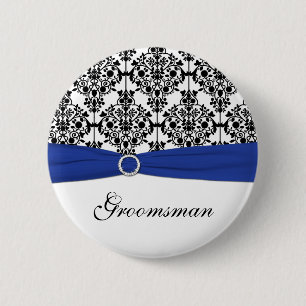 Badge Rond 5 Cm Bleu noir blanc Damas Groomsman Pin
