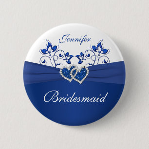Badge Rond 5 Cm Bleu royal, Pin floral blanc de demoiselle