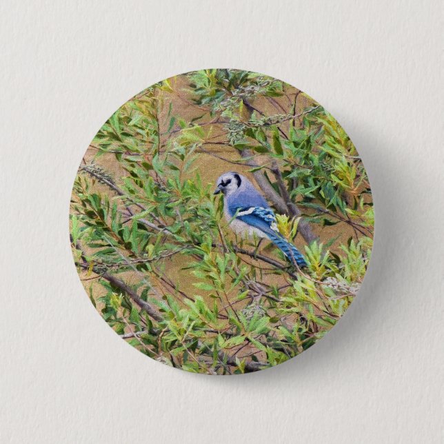 Badge Rond 5 Cm Blue Jay sur Southern Wax Myrtle (Devant)