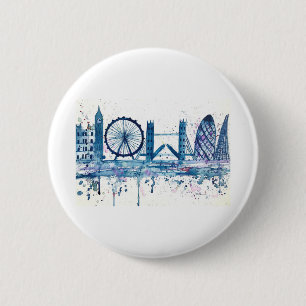 Badge Rond 5 Cm Blue London skyline Angleterre aquarelle moderne