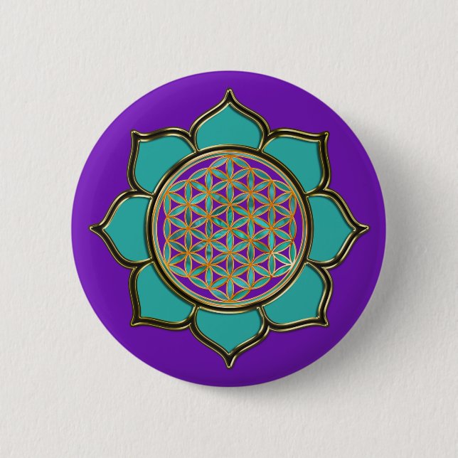 Badge Rond 5 Cm Blume des Lebens Lotus - türkis / violet (Devant)