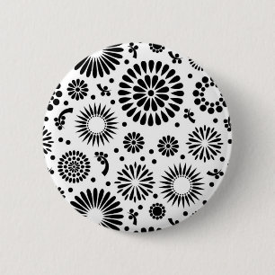Badge Rond 5 Cm Boho fleurs Motif floral vectoriel noir et blanc