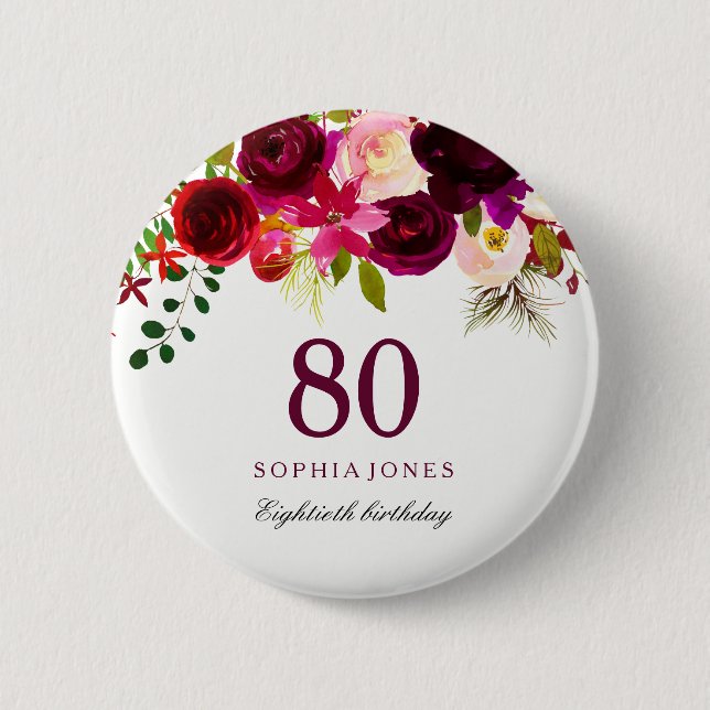 Badge Rond 5 Cm Boho rouge Bourgogne 80e fête d'anniversaire (Devant)
