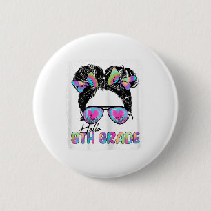 Badge Rond 5 Cm Bonjour 8e année Fille aux cheveux en chignon déso