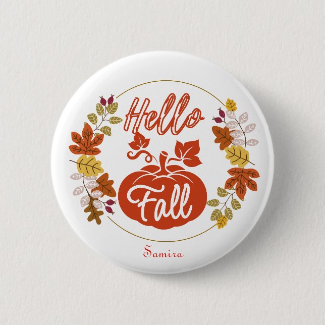 Badge Rond 5 Cm Bonjour Automne Feuilles Citrouille Thanksgiving N (Devant)