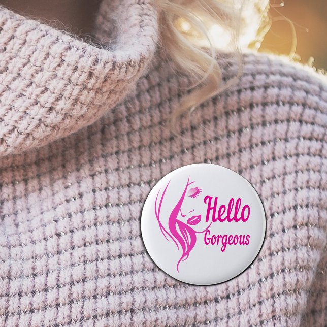 Badge Rond 5 Cm Bonjour Magnifique Jolie Dame Visage Typographie (Créateur téléchargé)