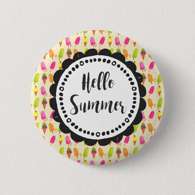 Badge Rond 5 Cm Bonjour Popsicles d'été et crème glacée (Devant)