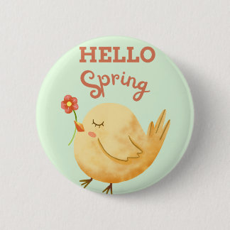 Badge Rond 5 Cm BONJOUR Printemps Jaune Bébé Oiseau Holding Flower