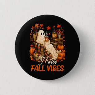 Badge Rond 5 Cm Bonjour Vibrations d'Automne Fantôme Mignon Citrou