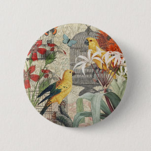 Badge Rond 5 Cm Botanique Vintage Oiseaux Nature Tropical Antique