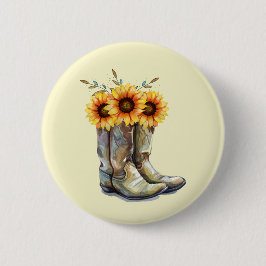 Badge Rond 5 Cm Bottes rustiques Cowboy avec tournesol