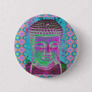 Badge Rond 5 Cm Bouddha Pop en Magenta et Turquoise