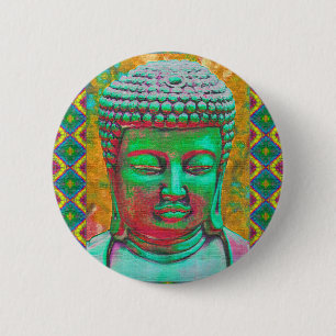 Badge Rond 5 Cm Bouddha Pop en vert Turquoise et rouge
