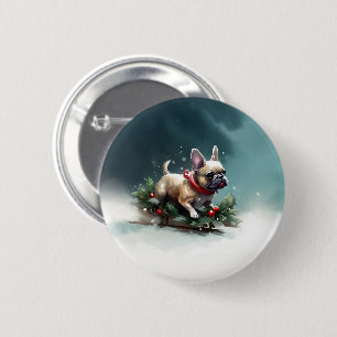 Badge Rond 5 Cm Bouledogue français Noël neige hiver