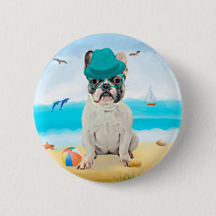 Badge Rond 5 Cm Bouledogue français sur la plage