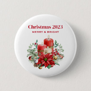Badge Rond 5 Cm Bouquet Festif et Poinsettia Noël