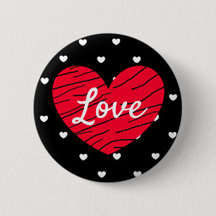 Badge Rond 5 Cm Bouton Amour Coeurs Noir, Rouge et Blanc