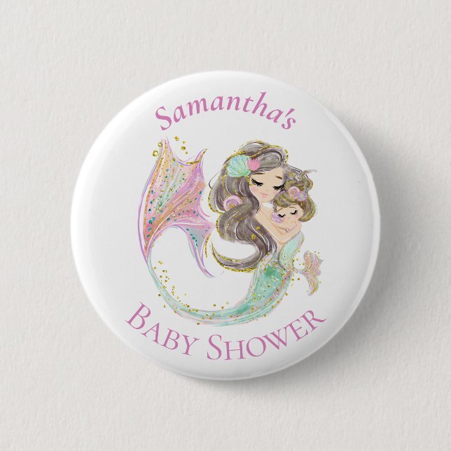 Badge Rond 5 Cm Bouton Baby shower blanc rose sirène (Devant)