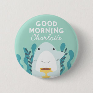 Badge Rond 5 Cm Bouton Café Requin avec nom