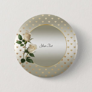Badge Rond 5 Cm Bouton Coeurs or Roses blanches