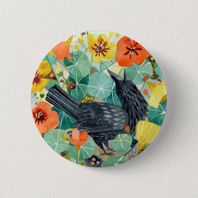 Badge Rond 5 Cm Bouton Crow et Nasturtium (Devant)