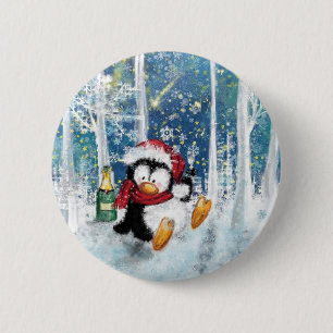 Badge Rond 5 Cm Bouton de Noël Happy Penguin