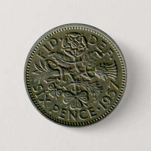 Badge Rond 5 Cm Bouton de pièce de six pence des 1957 Anglais