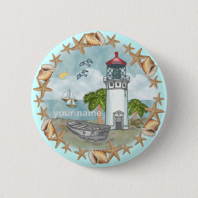 Badge Rond 5 Cm Bouton d'épingle Hawaii Shells Lighthouse (Devant)