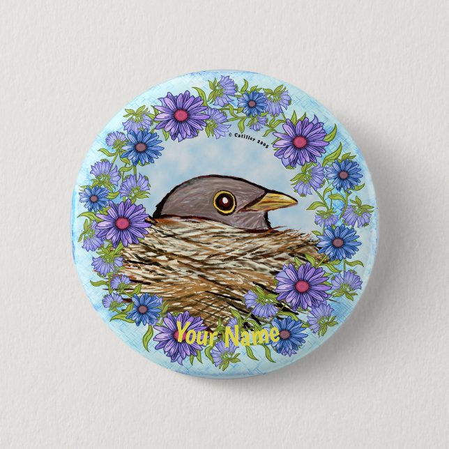 Badge Rond 5 Cm Bouton d'épingle Oiseau dans le nid (Devant)