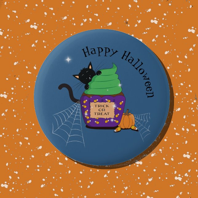 Badge Rond 5 Cm Bouton d'Halloween bleu Cute Black Cat and Cupcake (Cute black cat Halloween blue button .)